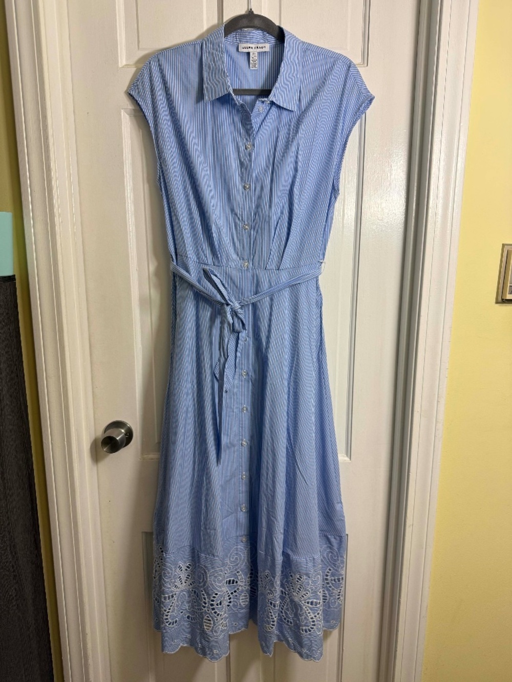 Ellen Tracy Blue Striped Shirt Dress with Embroidered Eyelet Hem